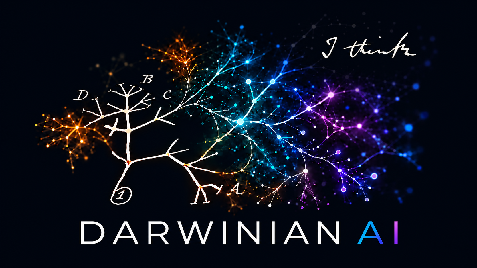Darwinian AI: an evolutionary tree growing into a glowing neural network